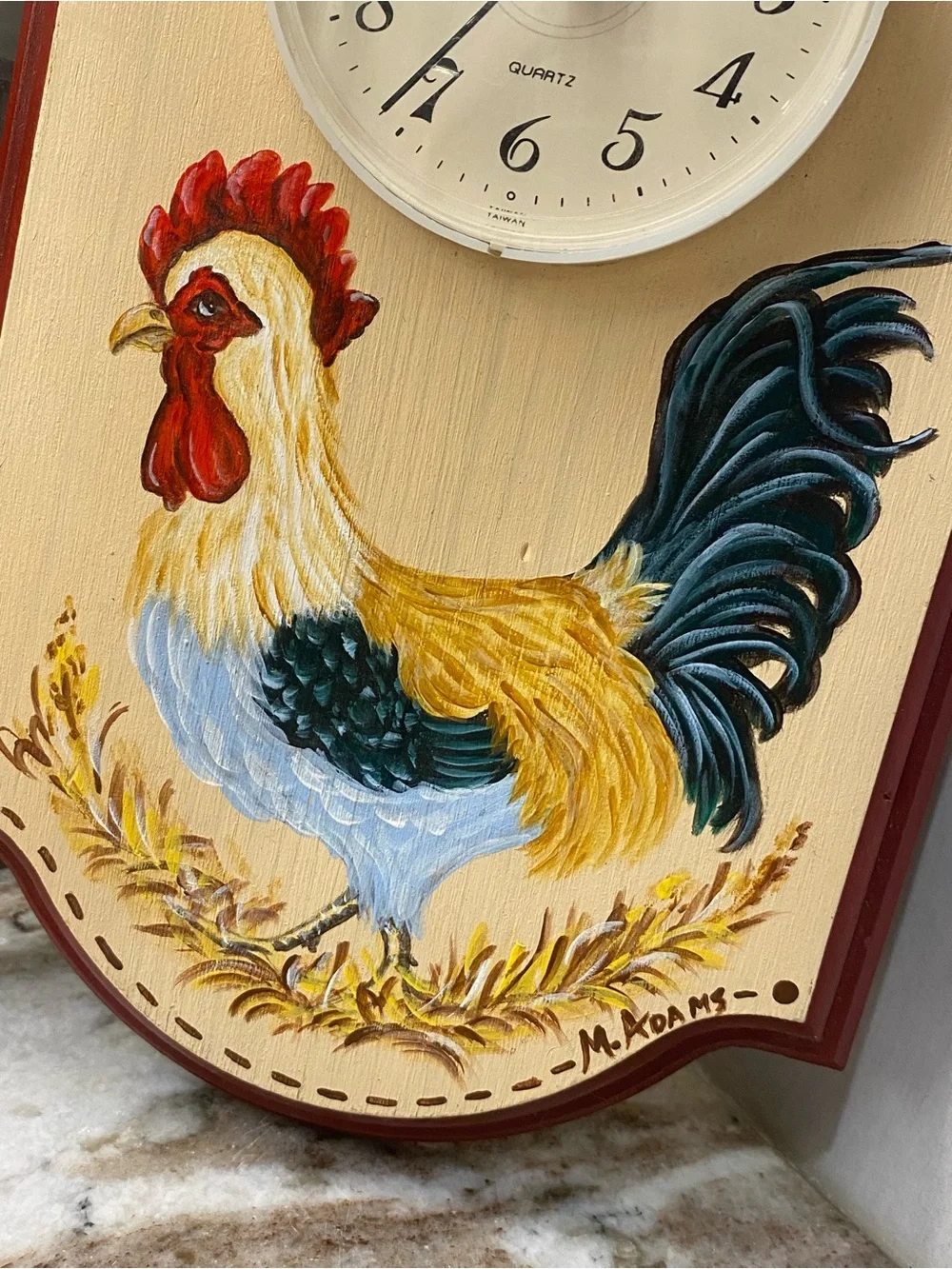 Vtg Hand Painted Wood Rooster Wall Clock Farmhouse Folk Art M. Adams Works